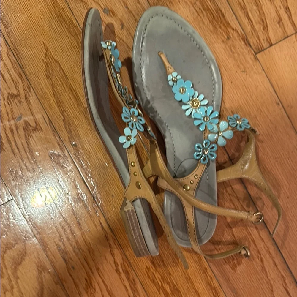 Miu Miu Tan and Blue Sandals with T-Strap Design - Picture 3 of 4